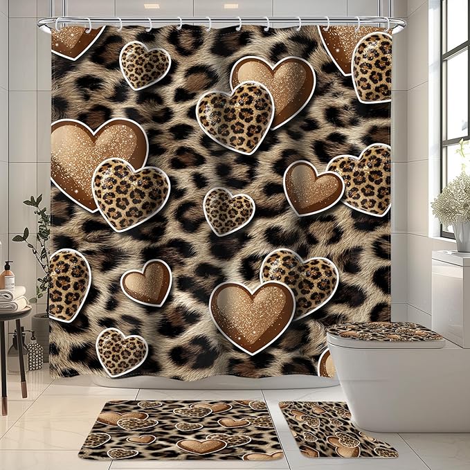 LIGHTINHOME 4 PCS Leopard Print Heart Shower Curtain Set 72Wx72H,Toilet Lid Cover,Non-Slip Rugs and U-Shaped Mat,Wildlife Cheetah Bathroom Sets with Rugs Shower Accessories 12 Hooks for Bathroom Decor