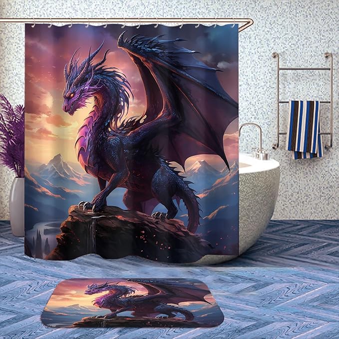 4 Pcs Dragon Bathroom Shower Curtain Set with Rug, Toilet Lid Cover and Bath Mat, Abstract Magic Medieval Blue Animal Bathroom Shower Curtain with 12 Hooks Accessories Decorative