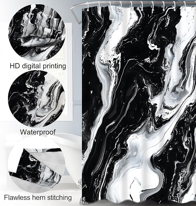 Lnond 4Pcs Marble Bathroom Sets with Shower Curtain and Rugs, Black Marble Modern Art Bathroom Shower Curtain Sets with Rugs and Accessories