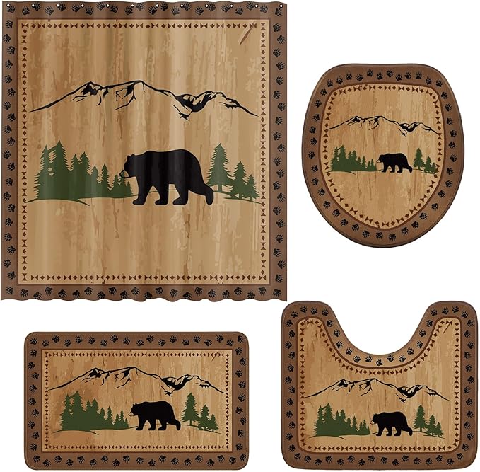 Drydiet 4 Pcs Bear Shower Curtain Set Rustic Cabin Bathroom Decor Farmhouse Waterproof Bear Shower Curtain with Non Slip Rug Toilet Lid Cover Bath Mat and 12 Hooks for Bathroom Decor 71 x 71 Inch