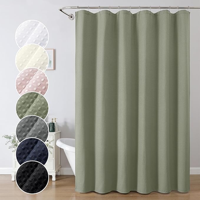 OWENIE Sage Green Shower Curtain 84 Inches Extra Long, Waffle Weave Heavy Fabric Shower Curtain for Bathroom, Waterproof Soft Hotel Spa Luxury Elegant Bath Curtains, Machine Washable, 72x84 Inch