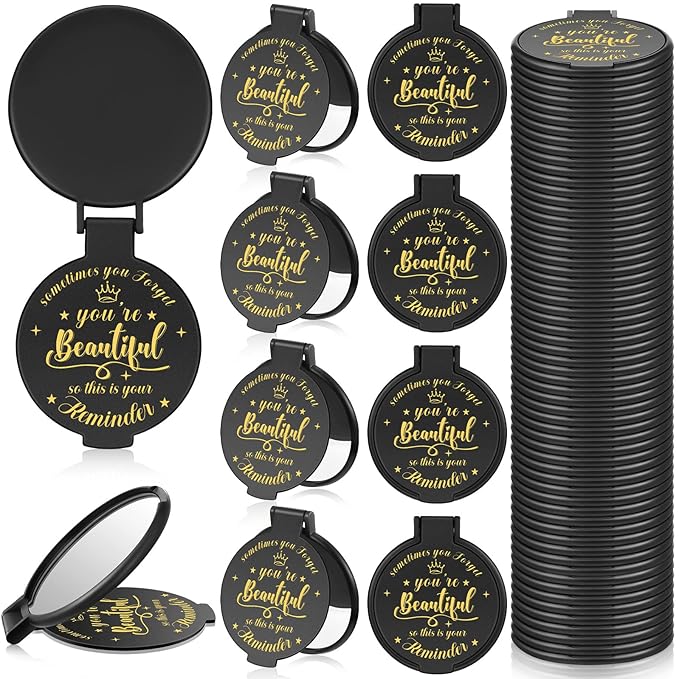 36 Pcs 2.76 Inch Inspirational Compact Mirror Bulk Women Small Gifts Graduation Party Favors Purse Mirror Pocket Mini Stuffer Items for Adult Coworker Cheerleader Employee (Black)