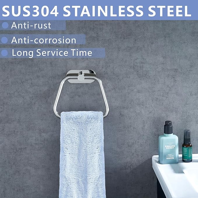 Self-Adhesive Towel Ring, Bathroom Hardware Accessories, 304 Stainless Steel Hand Towel Holder for Bathroom and Kitchen, Ladder Towel Hook, No Drill Installation Wall Mount (Chrome)