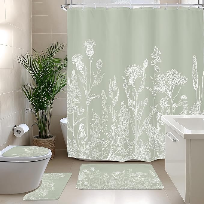Riyidecor Sage Green Floral Wildflower 4Pcs Bathroom Shower Curtain Sets Vintage Botanical Leaves Bathroom Decor Set with Rugs and Accessories Rustic Toilet Lid Rug, Contour and Bath Mat with 12 Hooks