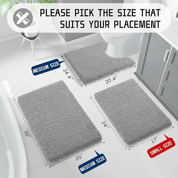 Yimobra Bath Rugs for Bathroom 32x20, Ultra Soft and Water Absorbent Bath Mats, Non Slip Plush Shower Rugs, Microfiber Thick Matts for Bathroom Floor/Tub, Machine Washable, Pure Gray