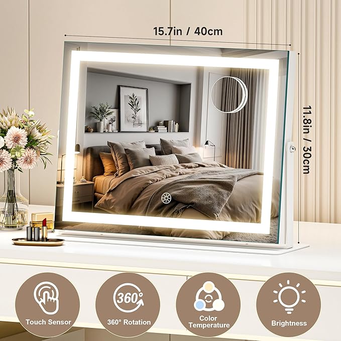 MINISO Vanity Mirror with Lights-15.7" x 11.8" LED Makeup Mirror, 3 Color Modes Touch Control and Brightness Adjustment Lighting Mirror, 10X Magnifying Glass, 360° Rotation