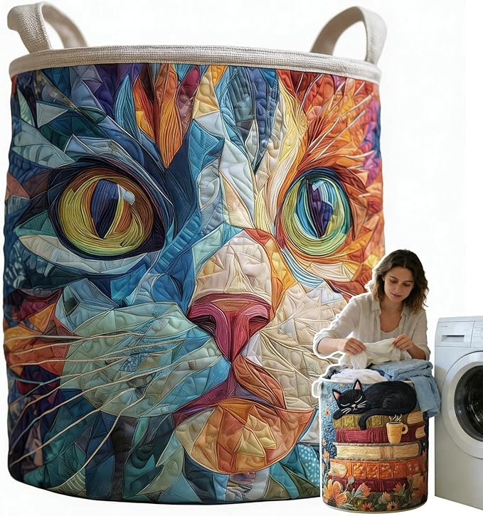 Cat Quilted Laundry Basket - 18"/22"/28", 2026 Large Quilted Cat Laundry Basket with Handles, Cozy Cat Fabric Storage Hamper for Nursery, Bedroom, Laundry Room, Clothes & Toys (7, L 20"X28”)