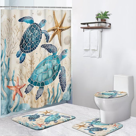 4 Piece Shower Curtain Set, Ocean Coral Sea Turtle Waterproof Bathroom Set Accessories with Non-Slip Rugs, Toilet Lid Cover Bath Mat and 12 Hooks, Blue Shell Animal Home Decor 72" x 72"