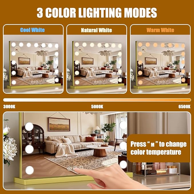 Vanity Mirror with Lights, 23"×18" Large Hollywood Makeup Mirror with 15 Dimmable Bulbs, 3-Color Lighting, Dimmable, 10x Magnification, Desk Mirror, Bedroom (Gold)