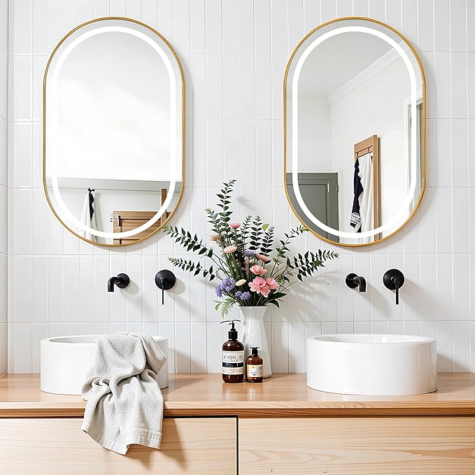 SogesHome Wall Mounted Mirror Medicine Cabinet 33"X20" with LED Lights, Oval Vanity Mirror Storage with Shelves, Modern Decro Recessed Mirror Medicine Cabinet for Bathroom, Bedroom, Gold