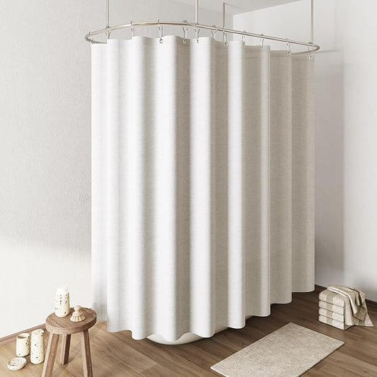 Naturoom Beige White Extra Wide Linen Shower Curtain, Country Boho Farmhouse Bath Decor Shower Curtains Neutral Cloth Weighted Textured Fabric Bath Curtain Liner with Hooks, 108x72