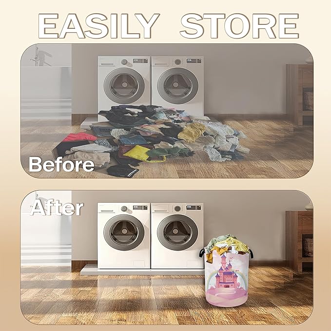 Pink Castle Laundry Basket,Princess Clothes Hamper,Oxford Cloth Collapsible Nursery Hamper Storage Organization for Bedroom,Bathroom,Office,College Dorms,16x20 Inch
