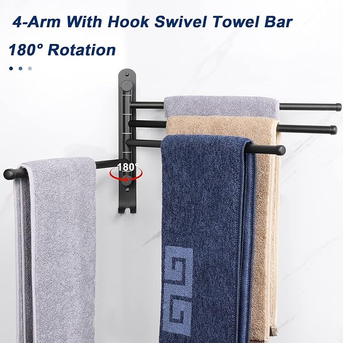 NearMoon Swivel Towel Rack, 13.8" Thicken 304 Stainless Steel 4-Arm Towel Bar, Space Saving Wall Mounted Towel Holder with Hook, Rustproof Swing Out Towel Hanger for Bathroom, Kitchen (Matte Black)