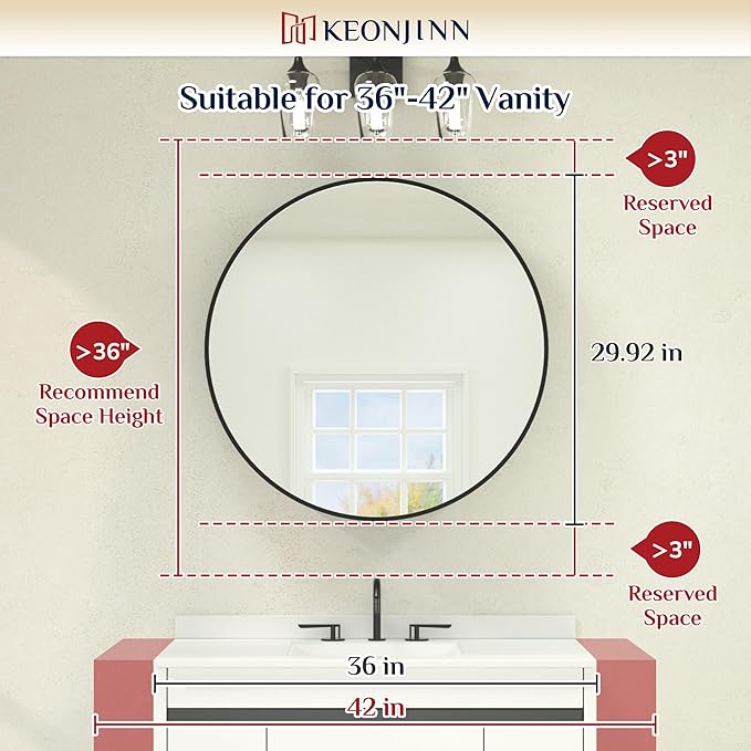 Keonjinn 30 Inch Round Lighted Medicine Cabinet, Black LED Medicine Cabinet Mirror, Circle, Electrical Outlet, 3 Color Lights, Anti-Fog, Dimmable, Surface Mount Only