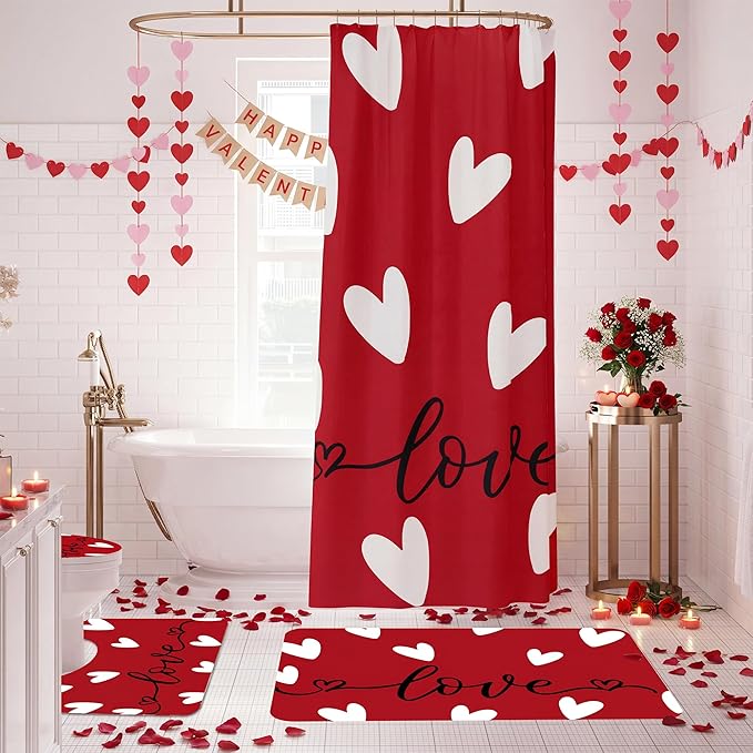 FUTBU Valentines Day Shower Curtain Set for Bathroom, Red Love Heart Shape Red Bathroom Supplies for Valentines Accessories Decor Set, Non Slip Rugs Toilet Lid Cover U Shape Bath Mat and 12 Hooks