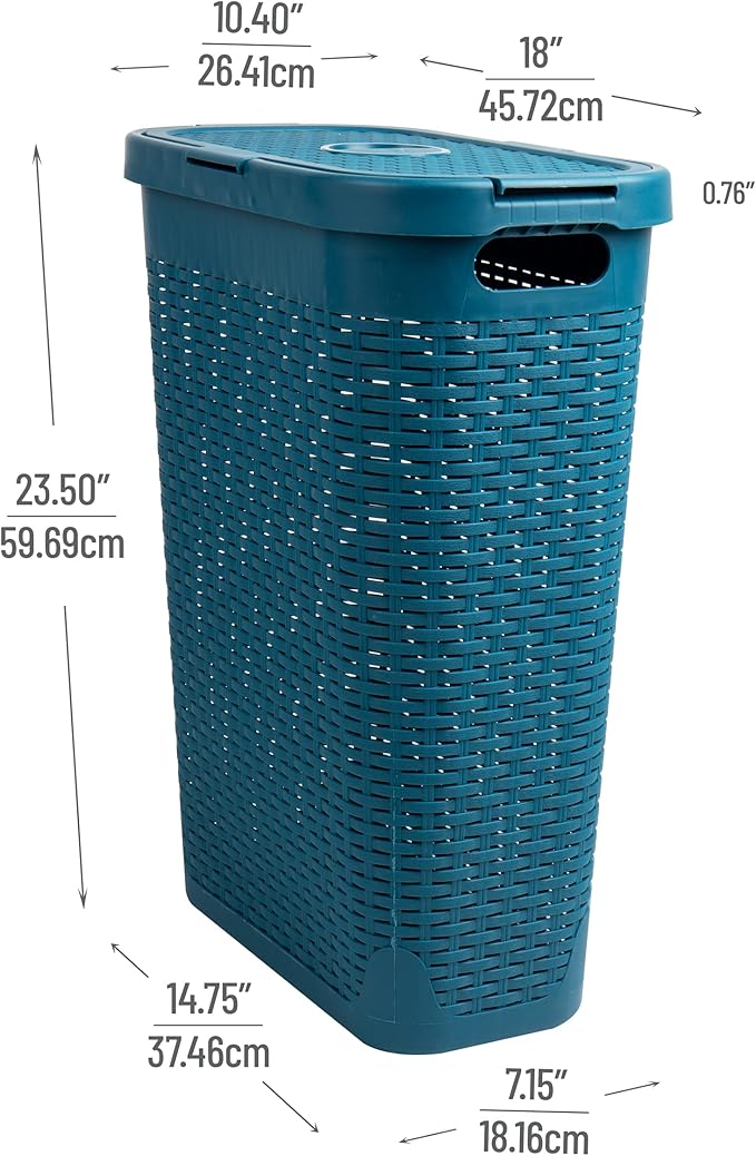 Mind Reader Slim Laundry Hamper with Lid, 40L Clothes Basket, Narrow Tapered Design with Ventilated Cutout Pattern, Plastic, Set of 2, Blue