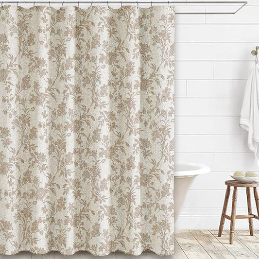 Extra Long Beige Shower Curtain Floral Cotton Linen Cottagecore Shower Curtain for Bathroom 90" L x 72" W