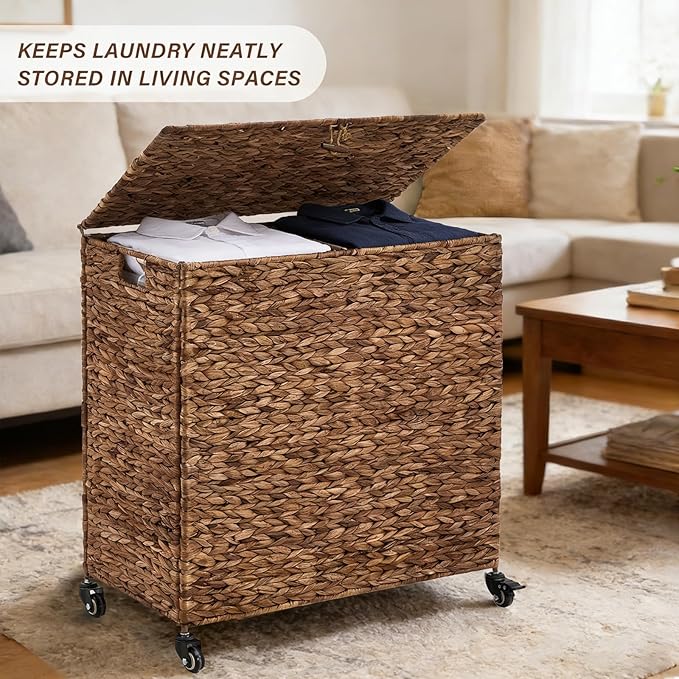 Hand-Woven Laundry Basket with Wheels, Natural Water Hyacinth Laundry Hamper with Lid,Removable & Machine-Washable Liner 2-Section Clothes Hamper for Bathroom and Laundry Room(120L,Espresso)