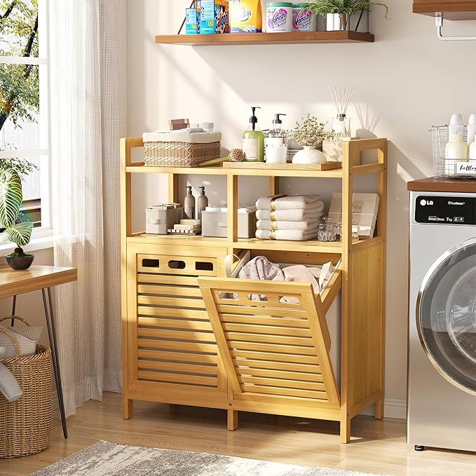 Homykic Tilt Out Laundry Hamper Cabinet, Bamboo Double Laundry Hamper with 2 Removable Laundry Baskets, 20 Gal Laundry Sorter Organizer with Shelf for Dirty Clothes, Bathroom, Laundry Room, Natural