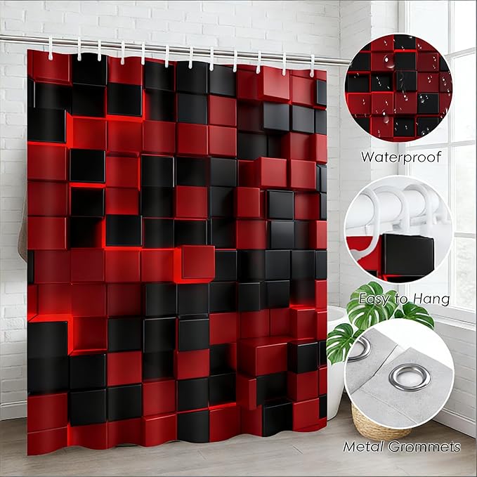 3D Cubes Shower Curtain，Red Black Shower Curtains for Bathroom，Modern Bathroom Shower Curtain，Washable Fabric Bath Curtain 72''x72''