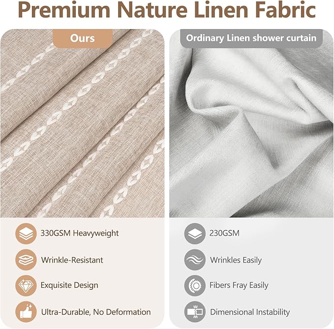 Boho Farmhouse Shower Curtain Heavyweight with Tassels, 72 x 76 Inch Extra Long Taupe Linen Textured Fabric Shower Curtain for Bathroom, Tan and White Striped Bath Décor Curtain Water Repellent