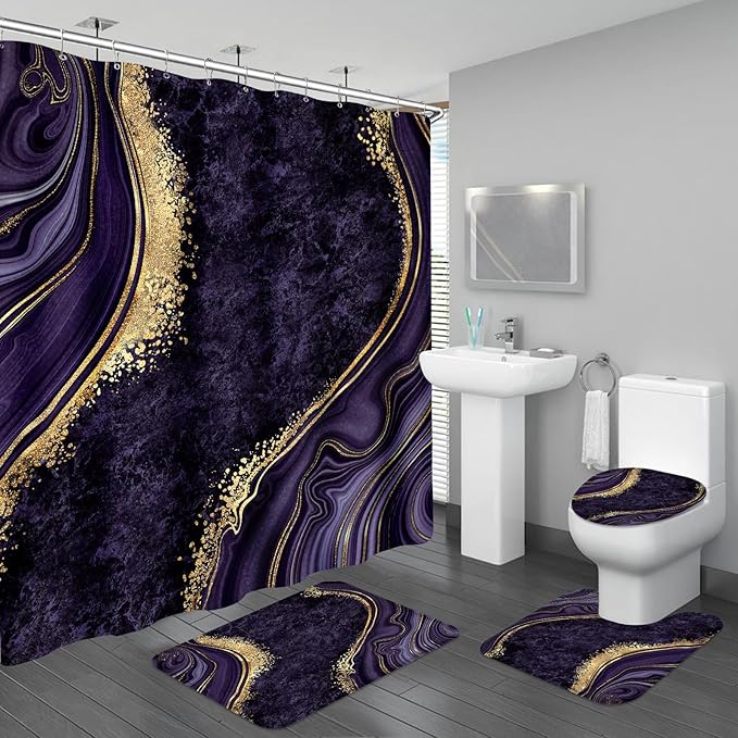 4PCS Purple Gold Marble Shower Curtain Sets with Rugs, Abstract Bathroom Sets with Shower Curtain and Rugs, Modern Bathroom Curtains Shower Set with Accessories for Bathroom Decor