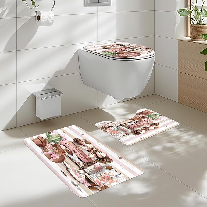 Cinbloo 4Pcs Brown Pink Shower Curtain Set,Western Cowgirl Fashion Boots Cactus Striped Hats Floral Books Bathroom Curtain with Rug, Toilet Lid Cover, Bath Mat,Women Girls Shower Curtain with 12 Hooks