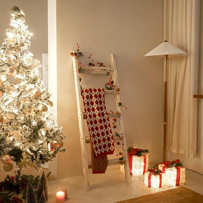 FUIN 5ft (58") Wood Blanket Ladder Living Room Decorative Wall Leaning Farmhouse Quilt Display Holder Wooden Towel Rack for Bathroom, Rustic White