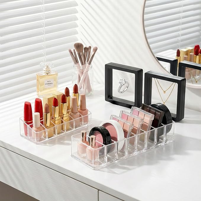 Clear Acrylic Makeup Organizer Set, 12 Spaces Lipstick Lipgloss Holder & 8 Slots Compact Eyeshadow Powder Blush Highlighter Organizer