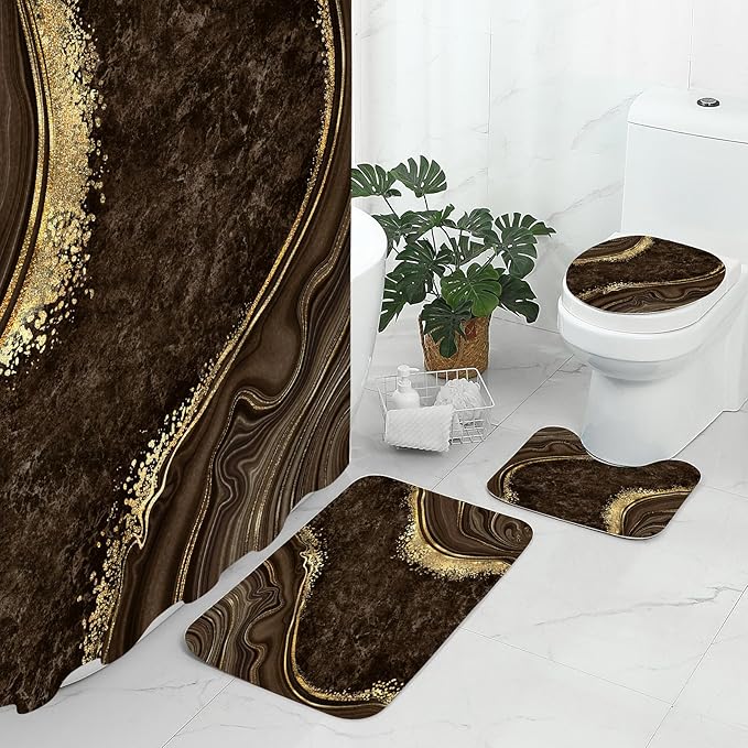 Gibelle 4 Pcs Luxury Marble Shower Curtain Set with Non-Slip Rugs, Toilet Lid Cover and Bath Mat, Gold Foil Brown Bathroom Decor Set with Shower Curtain and Rugs and Accessories
