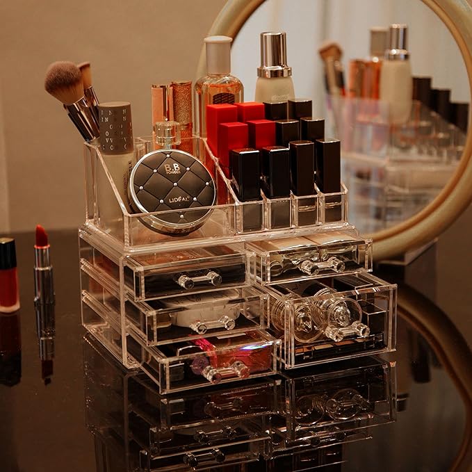 Cq acrylic 2 Pack Clear Makeup Storage Organizer,Stackable 5 Drawers Make up Organizers,Cute Desk Organizer for Vanity Jewelry,Hair Clip,Beauty,Skincare Product Bathroom Counter Organizers and Storage