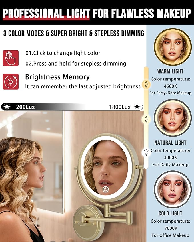10" Wall Mount Magnifying Mirror with Light Gold, Rechargeable 1X/5X Double-Sided 3 Color Touch Dimmable Extended Swing Arm 360 Rotation Vanity Mirror for Bathroom, Satin Brushed Gold
