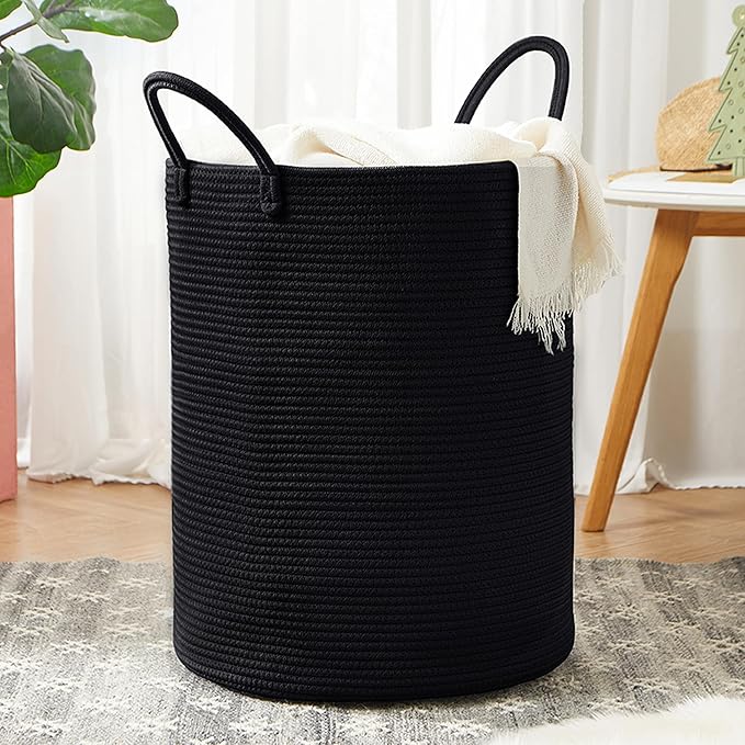 60L Black Woven Rope Hamper Laundry Basket for Clothes Tall Modern Blanket Storage Basket in Living Room Bedroom 15Dx20H inches