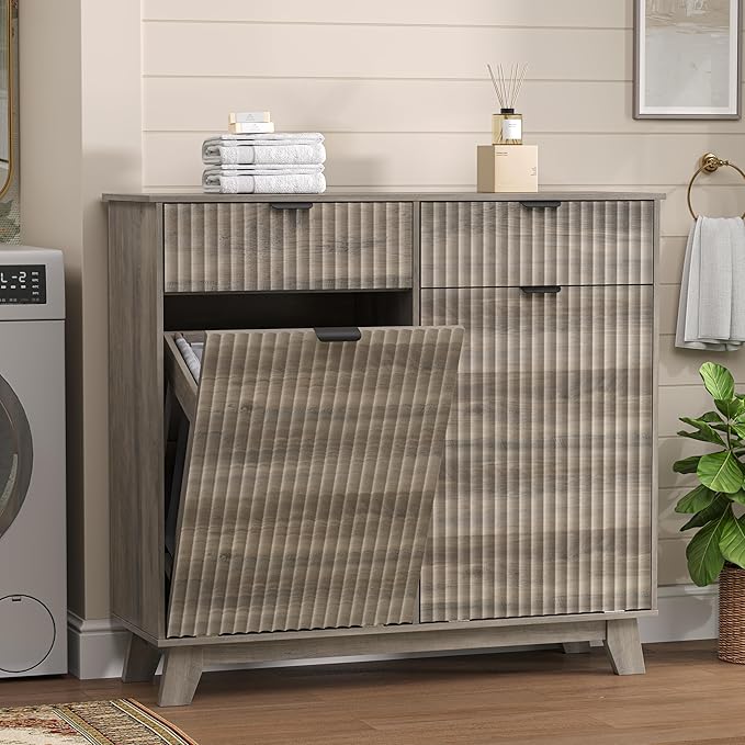 Wodeer Double Tilt Out Laundry Hamper Cabinet with 2 Drawers & Baskets, 20 Gallon Fluted Hidden Trash Can Cabinet, Farmhouse Wood Laundry Storage Cabinets for Bathroom, Kitchen, Grey