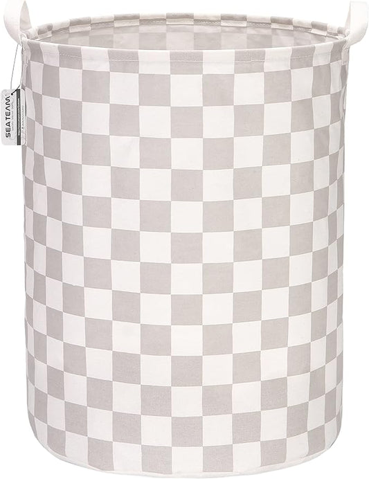 Sea Team 19.7 Inches Large Sized Waterproof Coating Ramie Cotton Fabric Folding Laundry Hamper Bucket Cylindric Burlap Canvas Storage Basket with Stylish Grid Grey Design