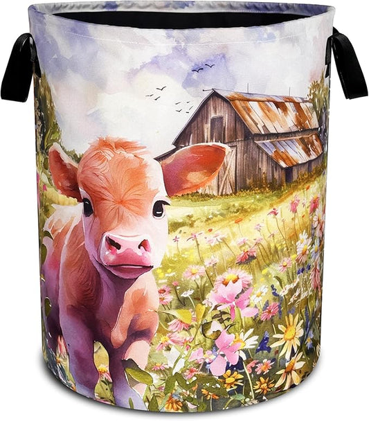 Cute Highland Cow Laundry Basket Farm Flowers Foldable Oxford Cloth Funny Tote Bag Laundry Hamper Clothes Storage Bucket Toy Organizer For Bathroom/Laundry Storage/Bedroom 18.9x16.5 Inch