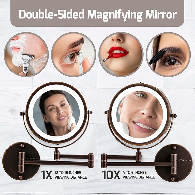 OVENTE Wall Mounted Lighted Makeup Mirror, 7" Double Sided 1X/10X Magnifying Vanity Mirror for Bathroom with LED Lights, Cordless, 360° Rotation and 13" Extendable Arm, Antique Bronze MFW70ABZ1X10X