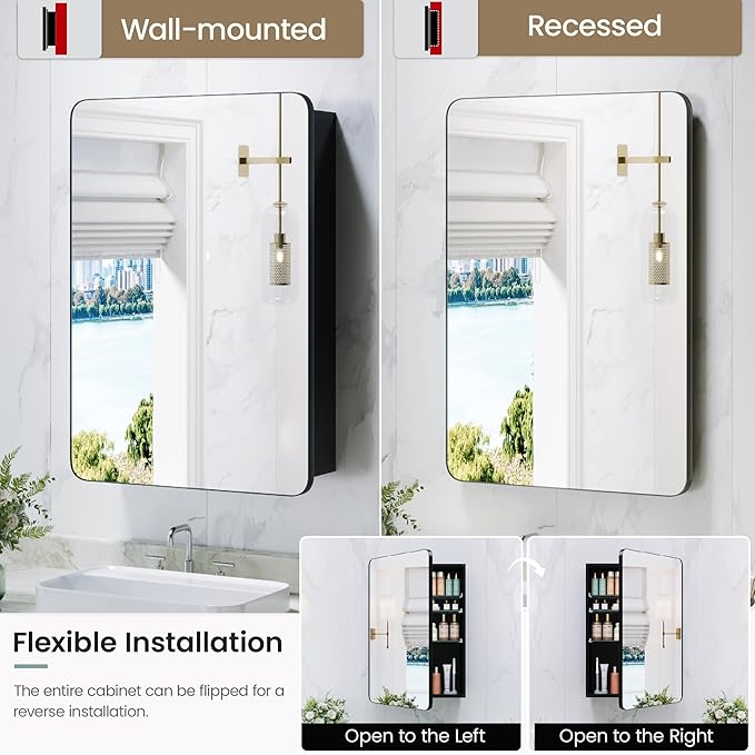 20x26 Inch Bathroom Medicine Cabinet with Mirror, Pre-Assembled Recessed or Surface Mount Wall Organizer, 6 Adjustable & Removable Tempered Glass Shelves, Soft Close DTC, Matte Black
