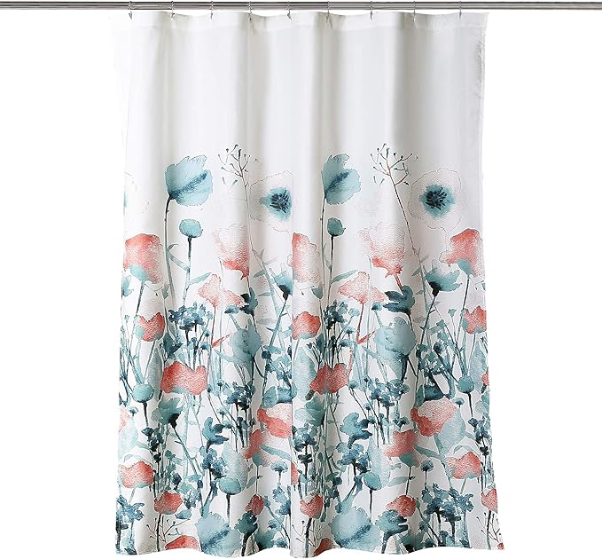 Lush Decor Zuri Flora Shower Curtain Single 72" W x 72" L Blue & Coral - Floral Shower Curtains for Bathroom - Blue Bathroom Curtain - Cottage Decor