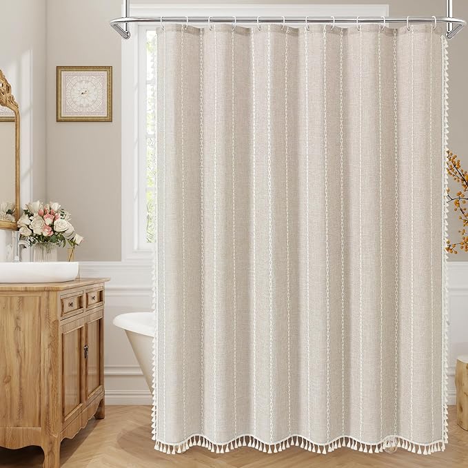 MitoVilla Boho Extra Long Shower Curtain 72 x 96, Cream Modern Farmhouse 96 inch XL Polyester Linen Texture Tassel Fabric Shower Curtain Set with Hooks for Cottagecore Country Bathroom Decor,Cream