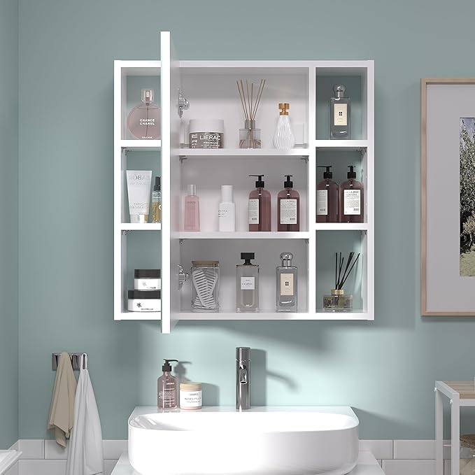 Bathroom Cabinet with Mirror, Wall Cabinet with 2 Mirrored Doors, Adjustable Shelf, Open Compartment, Wall-Mounted, 24x24 Inches, White (Assembly Required)