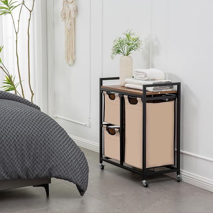 Suntage Laundry Basket Organizer - Hampers with 3 Compartments, Sliding Laundry Sorter Bags, Top Storage Shelf, Metal Frame