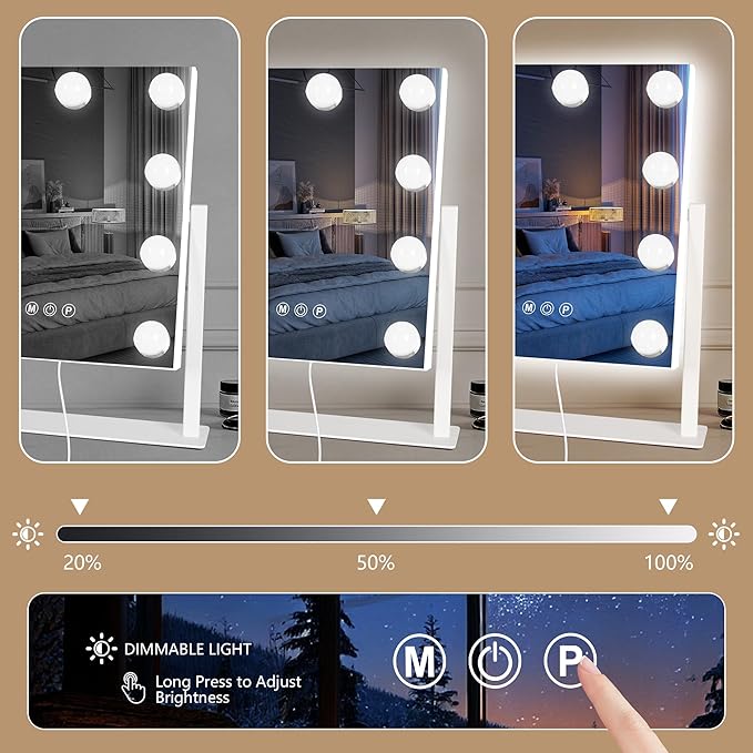 Moonee Vanity Mirror with Lights, Hollywood Lighted Makeup Mirror with 9 Dimmable Bulbs and 10X Magnification 360°Rotation, 3 Color Modes, Aluminum Metal Frame, Light Up Mirror for Tabletop（12" x 14"）