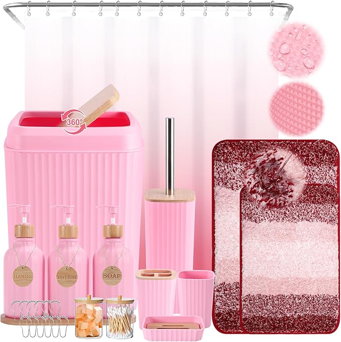 XLHOMO Bathroom Accessories,Bathroom Set with Shower Curtain,Rugs,Trash Can,Lotion Soap Dispenser,Toothbrush Holder,Soap Dish, Tags with Tray（Pink1 ），（Bath Set+Shower Curtain+Bath Rugs）
