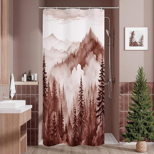 Burgundy Small Stall Misty Pine Forest Shower Curtain 36 x 72, Mountain Foggy Woodland Scenery Tree Narrow Half Size Shower Curtains for Bathroom, Abstract Waterproof Nature-Themed Decor