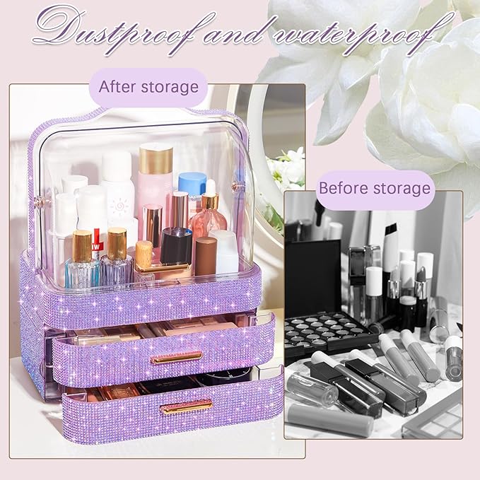 Honeydak Bling Makeup Organizer for Mothers Day Nurses Day Birthday Gifts Rhinestone Cosmetic Display Cases with Transparent Cover, Skincare Perfume Organizer for Countertop, Desk(Purple,Rhinestone)