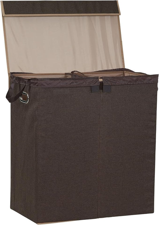 Household Essentials Double Laundry Hamper with Lid, Two Compartments for Easy Sorting with Removable Liner, Collapsible, Brown Linen 5614