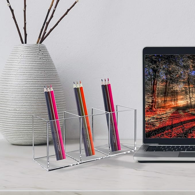 weddingwish Acrylic Pen Holder Clear Pencil Holder 3 Slot Pencil Organizer Cup for Desk Pencil Cup Stationery Organizer for Office Accessory, Cosmetic Storage, Vanity Organizer Bathroom, Dorm