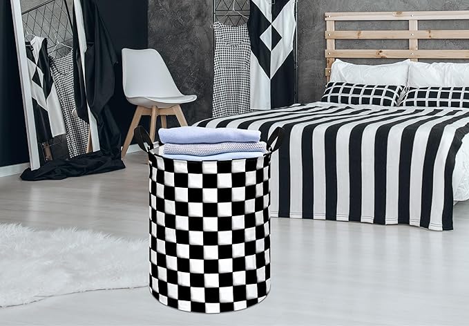 KUNRO Round Black-white Checker Laundry Gift Basket Storage Hamper, Clothes Storage Organizer Bins, Shelf Basket with Handles for Room Decor