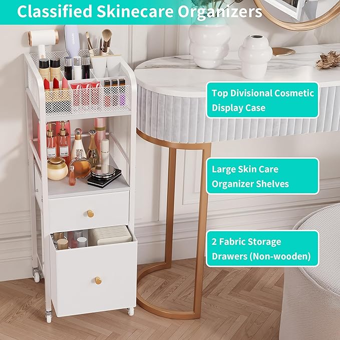 HapiRm Rolling Makeup Cart Organizer - Floor Skincare Make Up Storage with 2 Non-woven Fabric Drawers, Vanity Organizer Cosmetic Display Cases Holder for Skin Care Perfume Nail Polish Brush Hair Tool